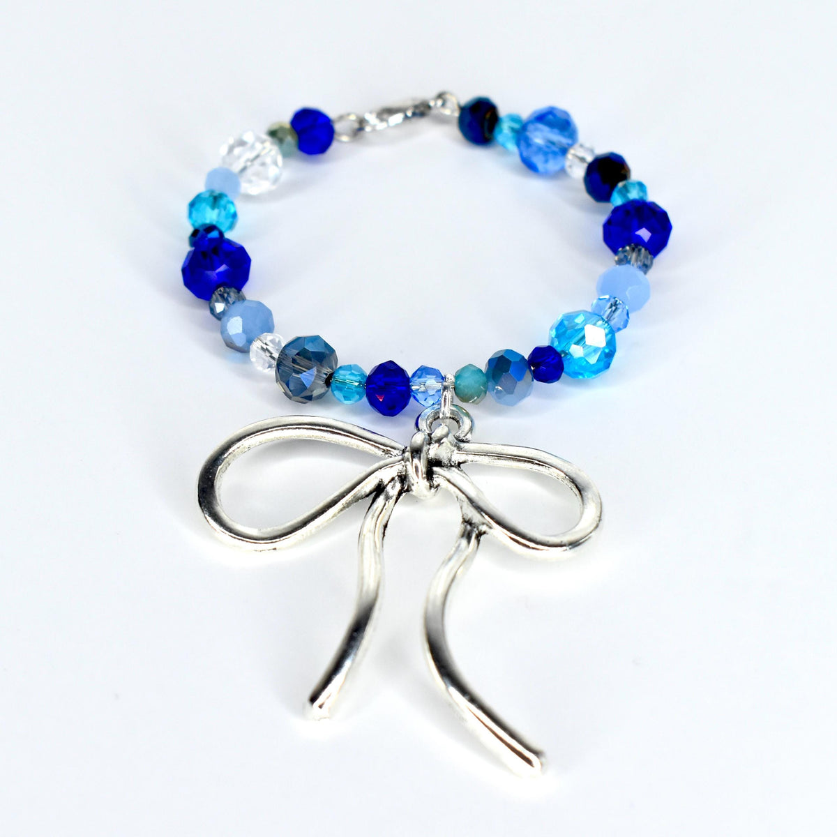 Blue and Crystal Tumbler Handle Bracelet with Bow Charm