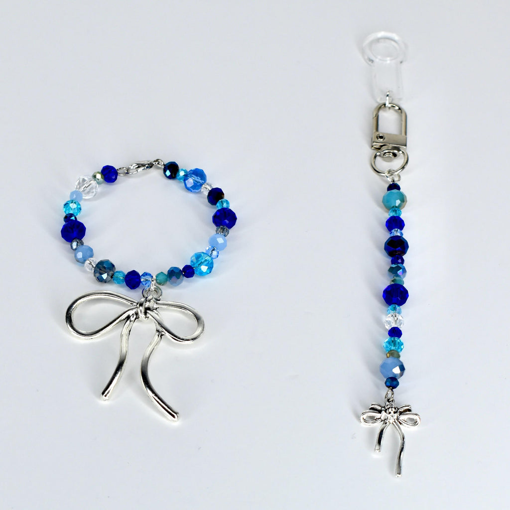 Blue and Crystal Tumbler Handle Bracelet with Bow Charm