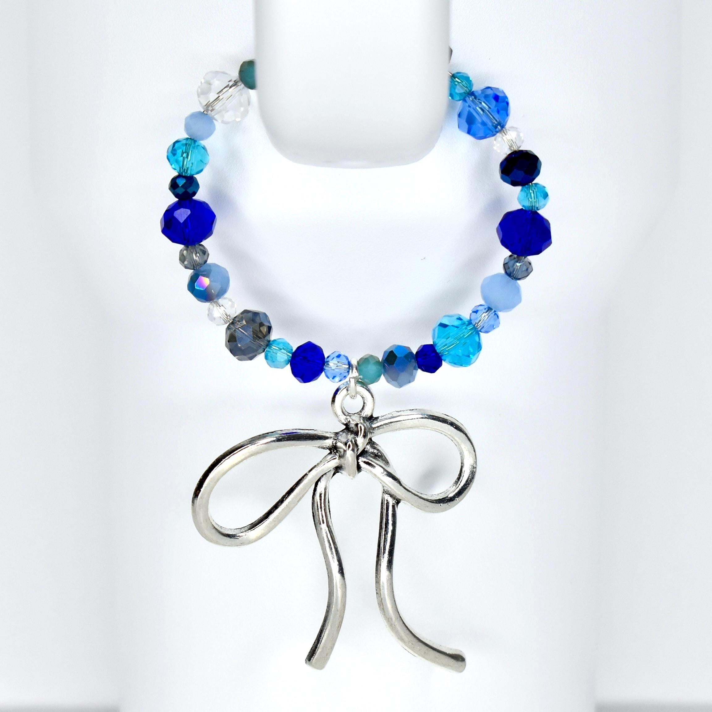 Blue and Crystal Tumbler Handle Bracelet with Bow Charm