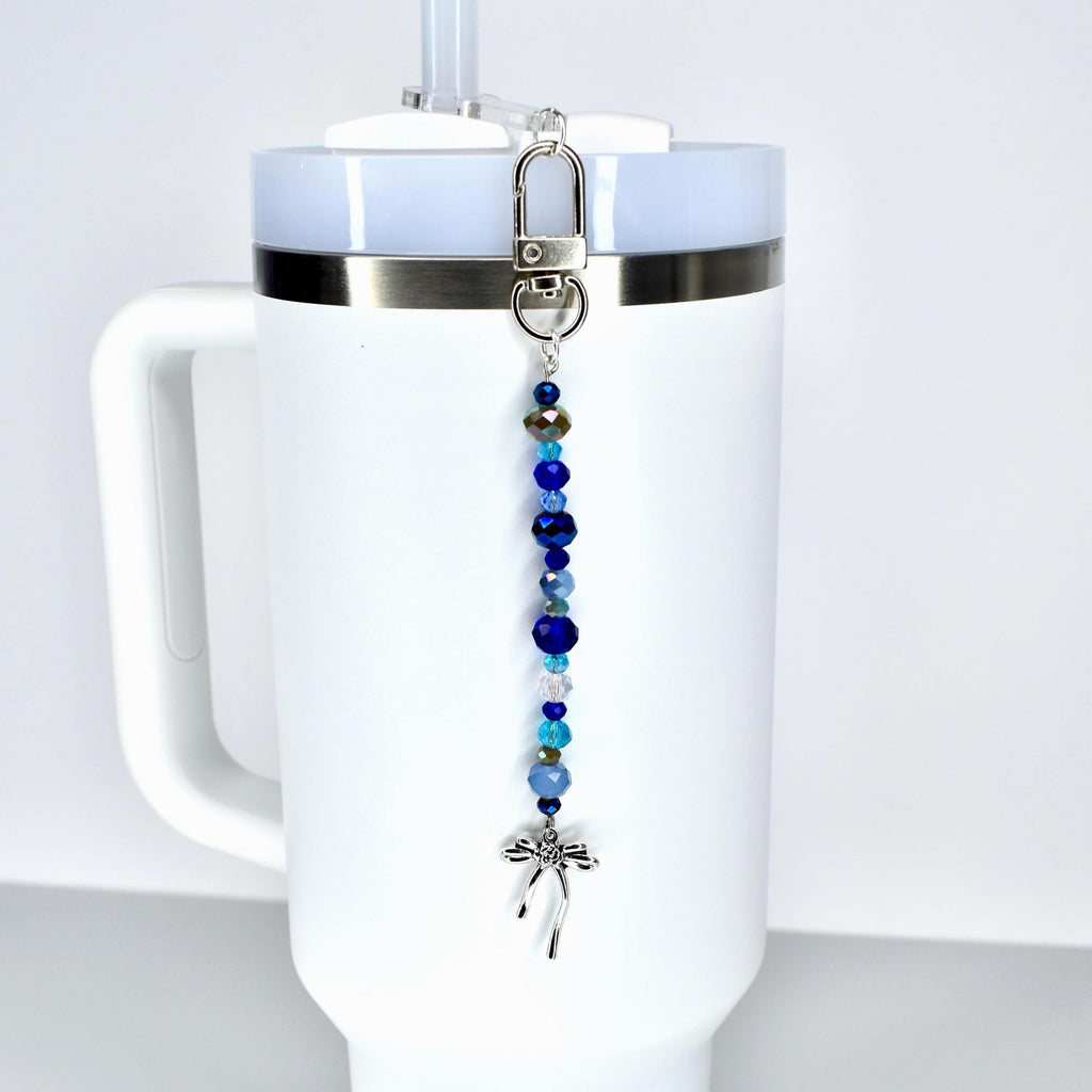 Blue and Crystal Tumbler Straw Charm with Silver Bow