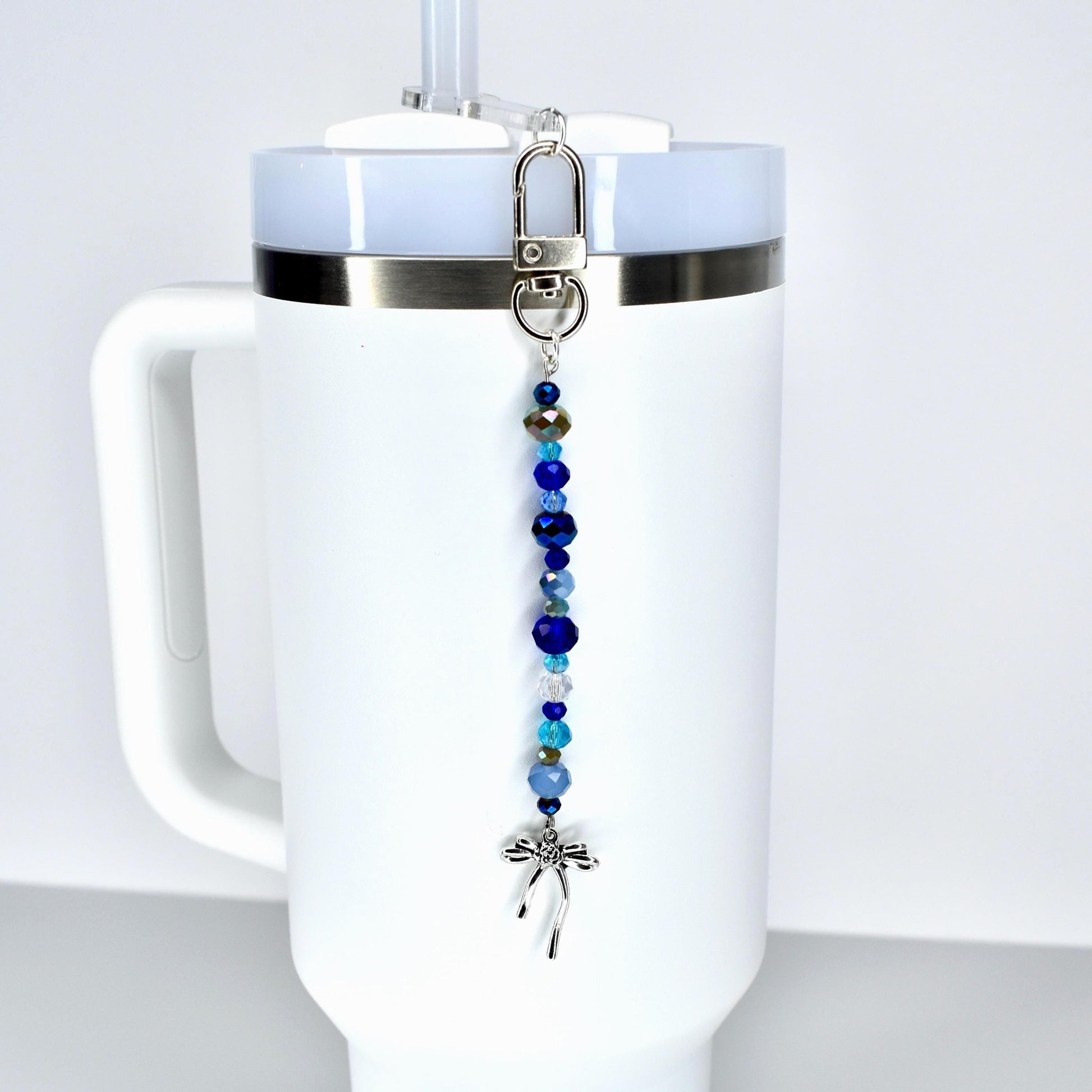 Blue and Crystal Tumbler Straw Charm with Silver Bow