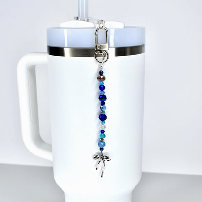 Blue and Crystal Tumbler Straw Charm with Silver Bow