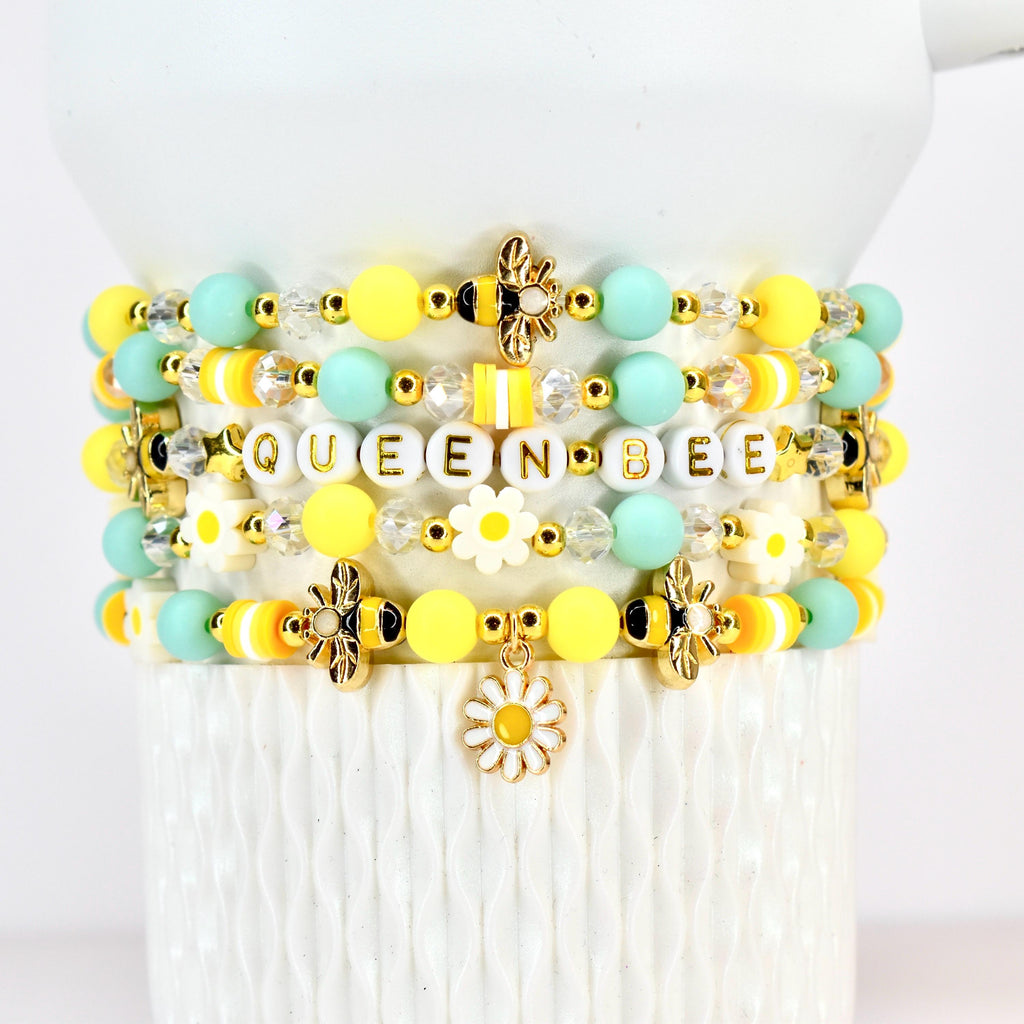 Yellow and Mint Bee Charm Bracelet Collection with Daisy Charm