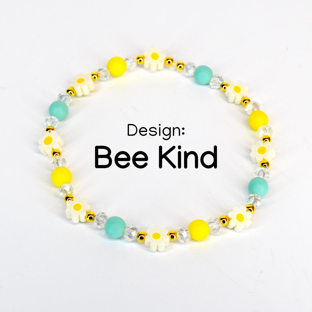 Yellow and mint daisy flower bead bracelet with white and yellow flower beads, matte seafoam green round beads, gold spacer beads and clear crystal beads – handmade bee kind spring bracelet
