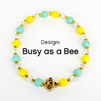 Yellow and mint green beaded bracelet with gold bee charm, matte yellow and seafoam round beads, gold spacer beads and clear crystal beads – handmade bee themed summer bracelet