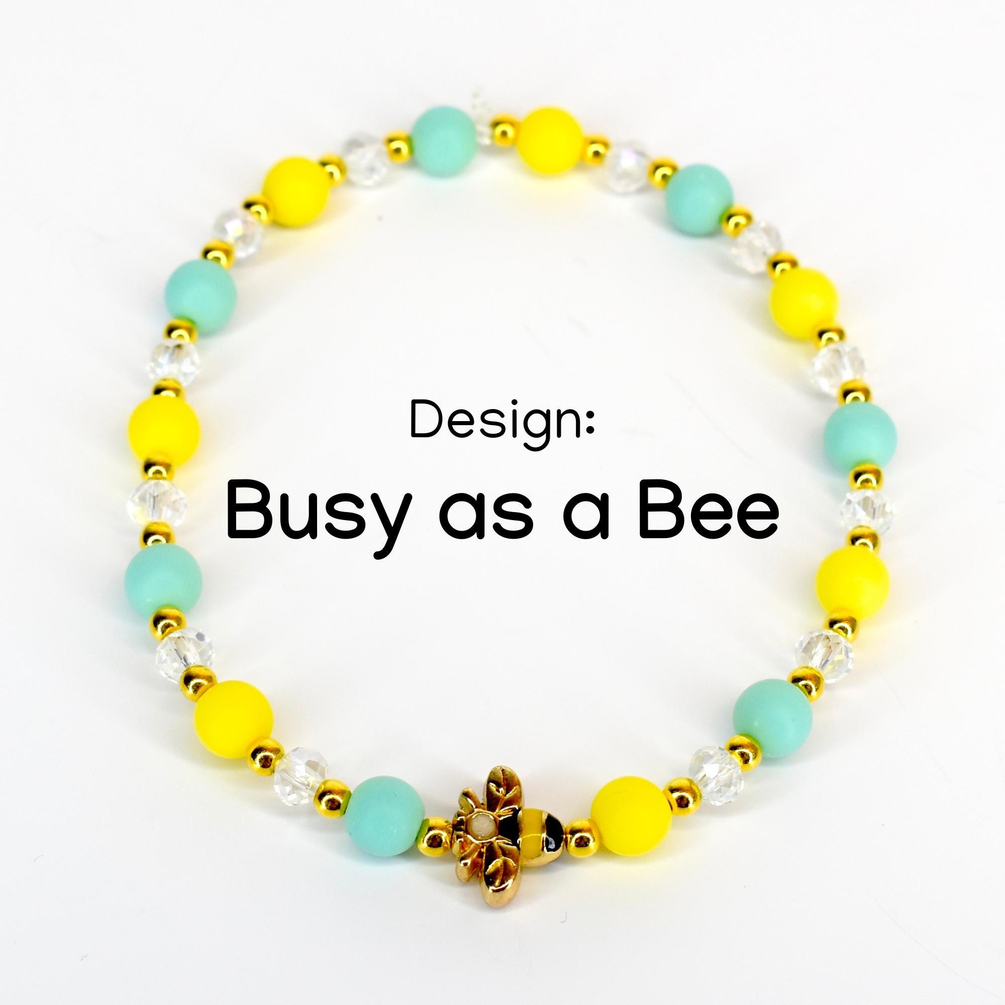Yellow and mint green beaded bracelet with gold bee charm, matte yellow and seafoam round beads, gold spacer beads and clear crystal beads – handmade bee themed summer bracelet