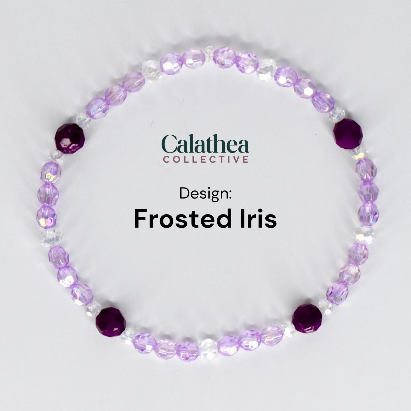 A bracelet featuring a design called "Frosted Iris." The bracelet is composed of small, light purple and clear beads, with larger, deep purple beads interspersed throughout. The text "Calathea Collective" and "Design: Frosted Iris" are also visible.