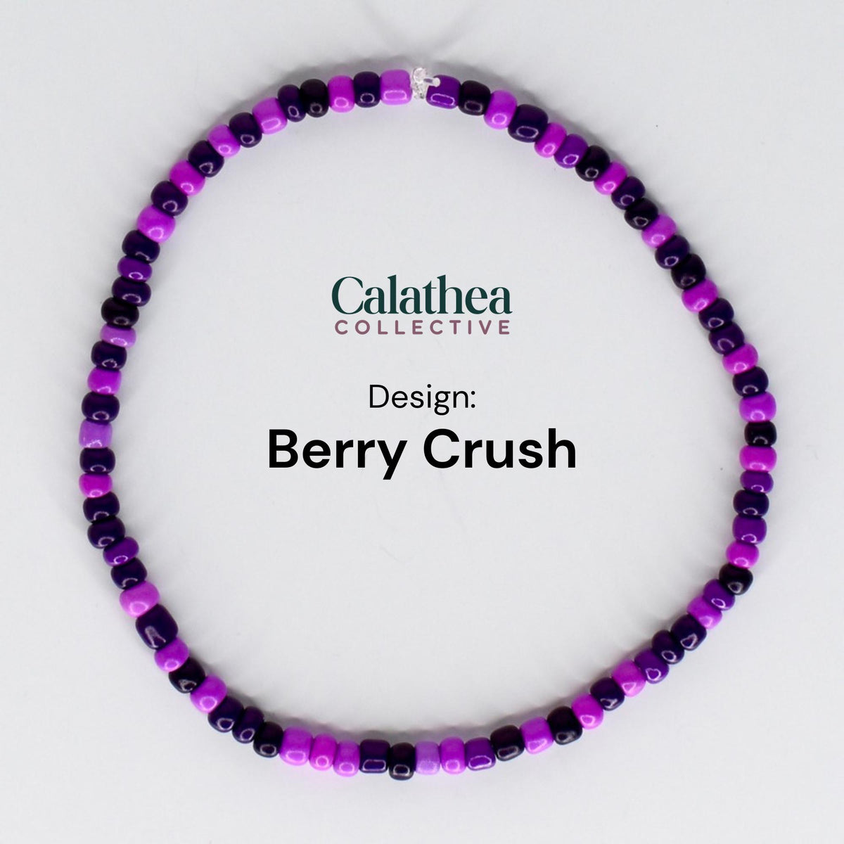 A beaded bracelet in a circular shape, featuring a mix of purple and dark purple beads. The text "Calathea Collective" and "Berry Crush" are displayed on the image.