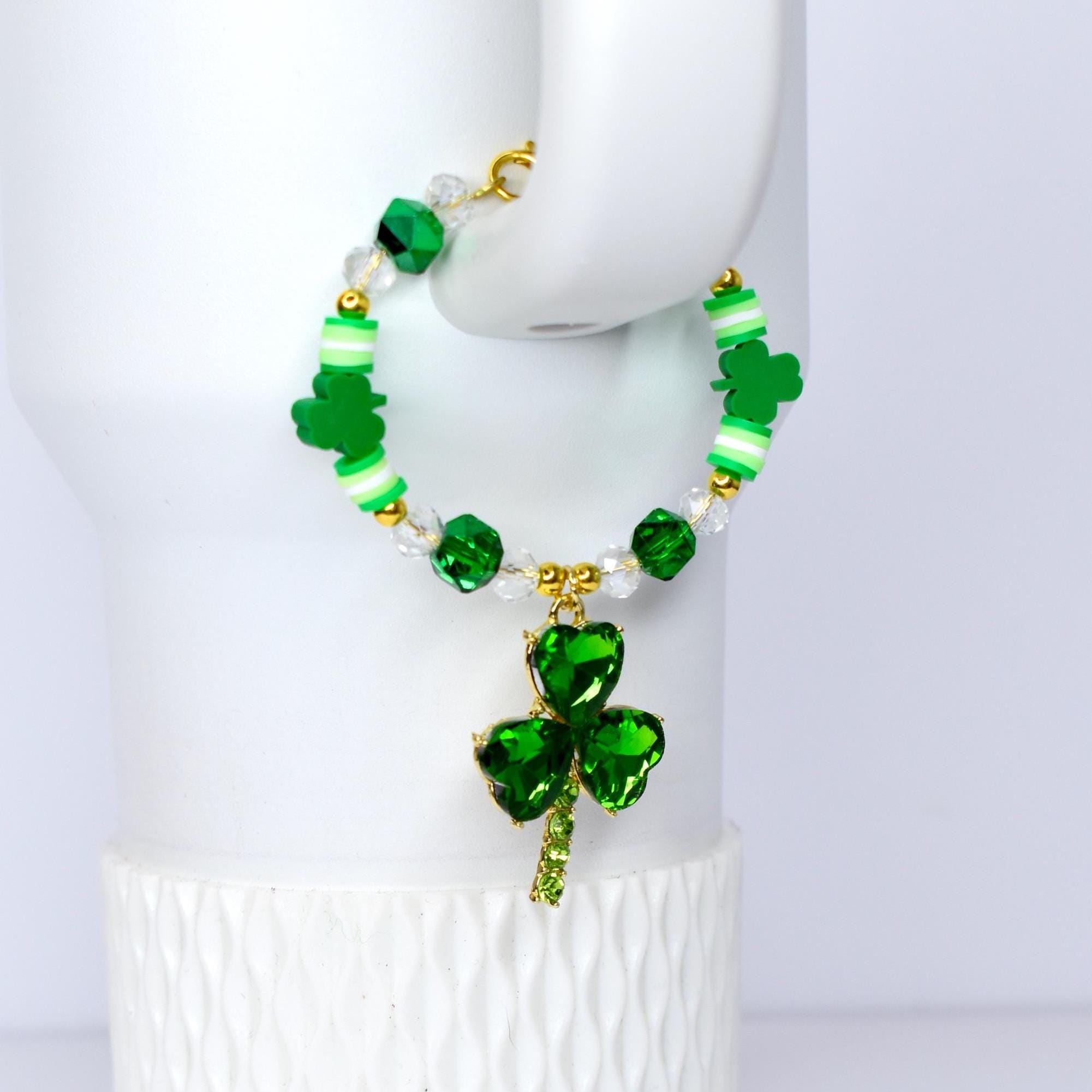 Saint Patrick's Day Tumbler Handle Charm Bracelet with Rhinestone Shamrock