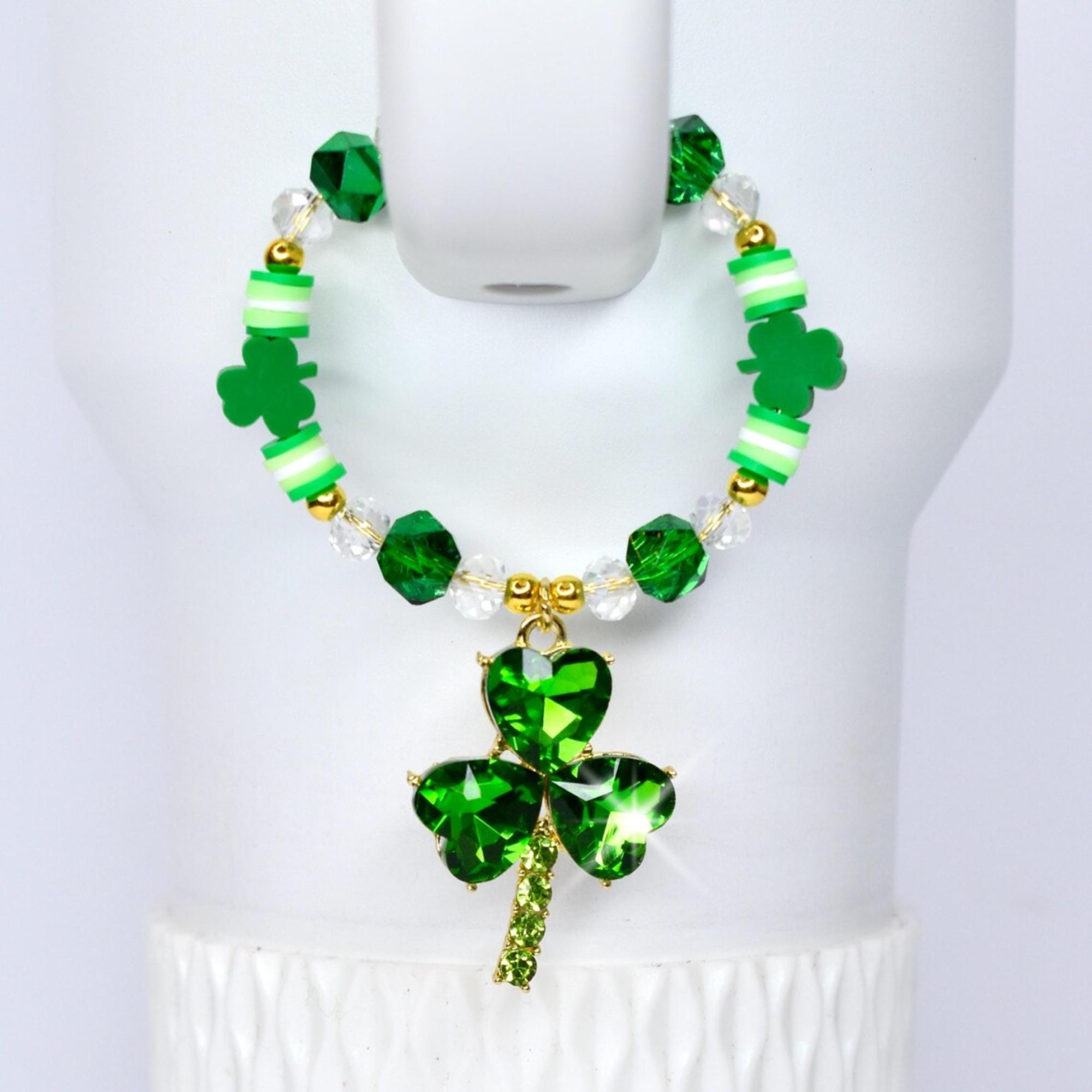 Saint Patrick's Day Tumbler Handle Charm Bracelet with Rhinestone Shamrock