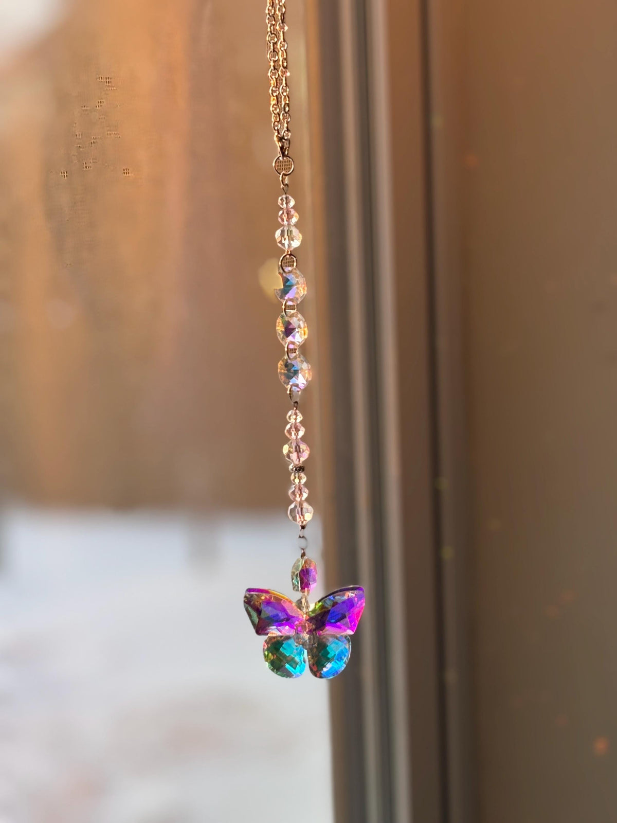Rainbow Creating Crystal Butterfly Suncatcher Light Reflecting Prism Window Decoration Hanging Ornament Creates Colorful Patterns Sunny Day Display Magical Room Transformation Sparkling Design Beautiful Home Accessory Perfect Gift Idea