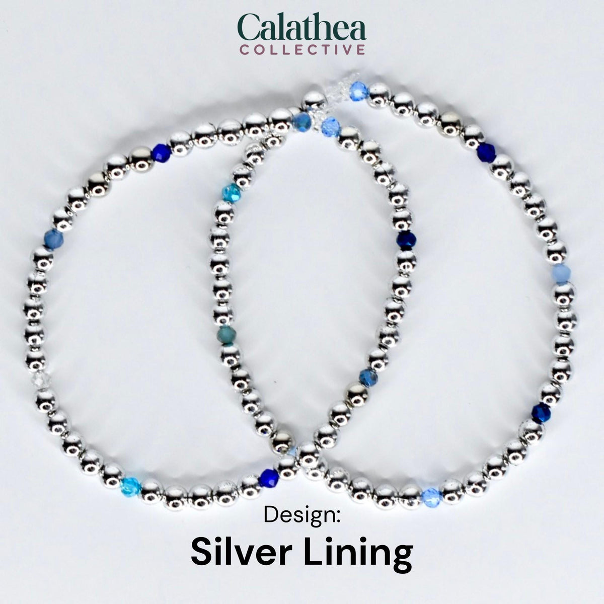 Two silver beaded bracelets with blue and clear accent beads. The bracelets are arranged in a circular shape. The text "Calathea Collective" is at the top, and "Design: Silver Lining" is at the bottom.