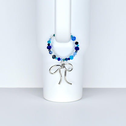 Blue and Crystal Tumbler Handle Bracelet with Bow Charm
