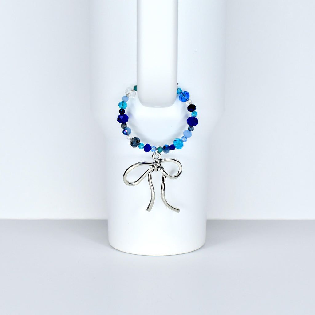 Blue and Crystal Tumbler Handle Bracelet with Bow Charm
