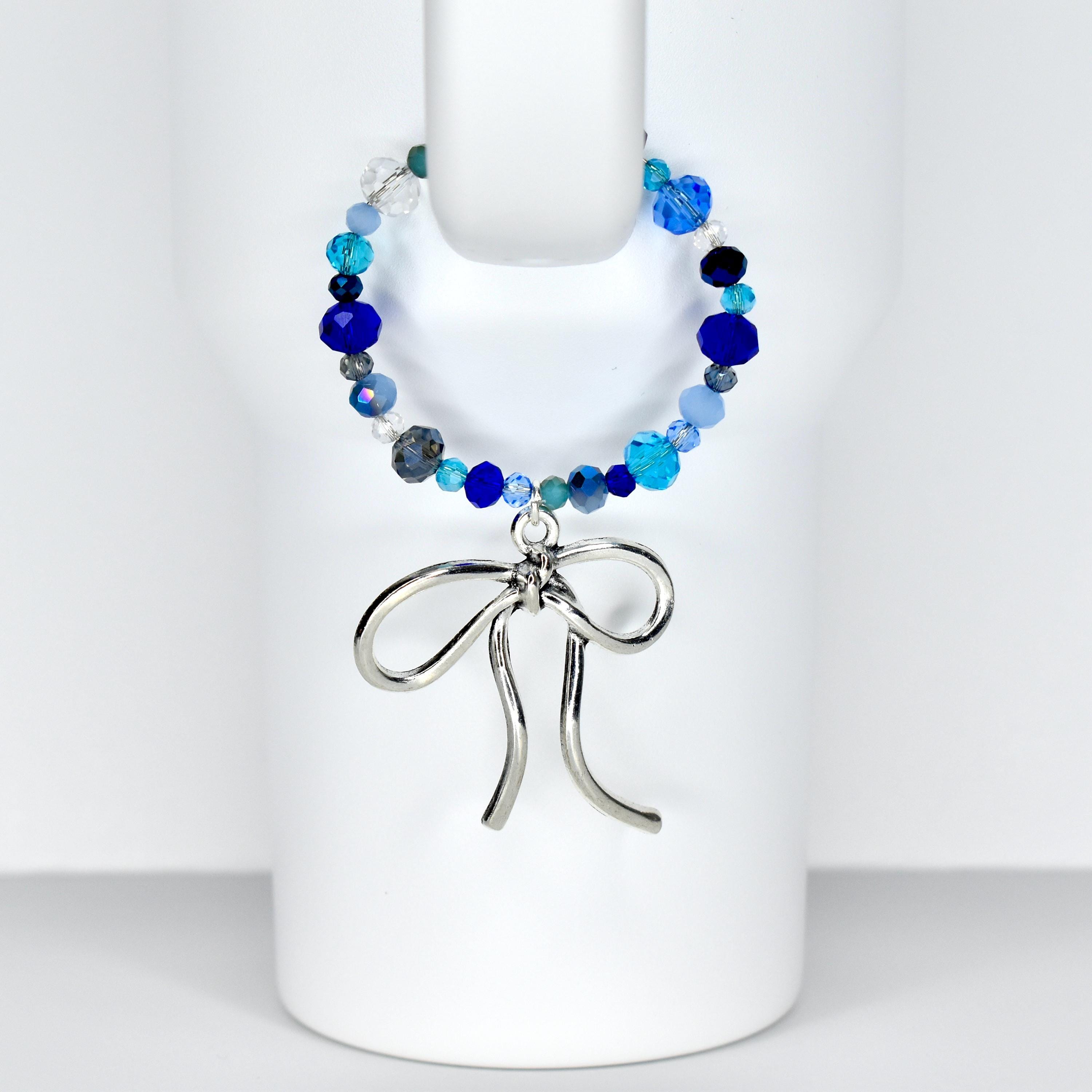 Blue and Crystal Tumbler Handle Bracelet with Bow Charm