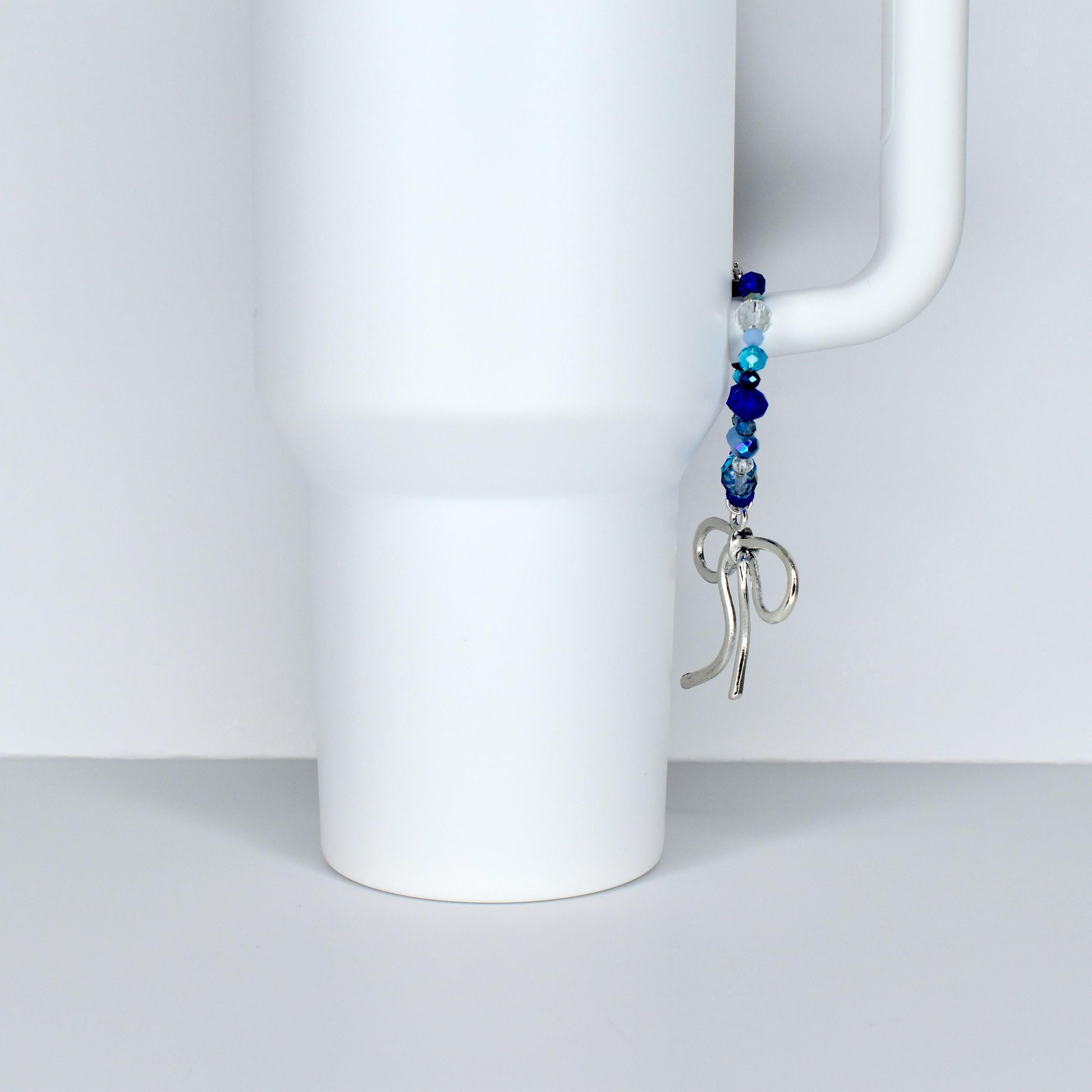 Blue and Crystal Tumbler Handle Bracelet with Bow Charm