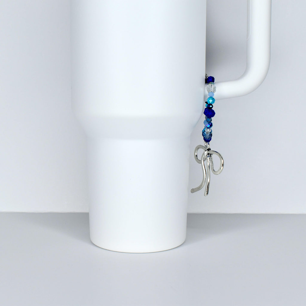 Blue and Crystal Tumbler Handle Bracelet with Bow Charm