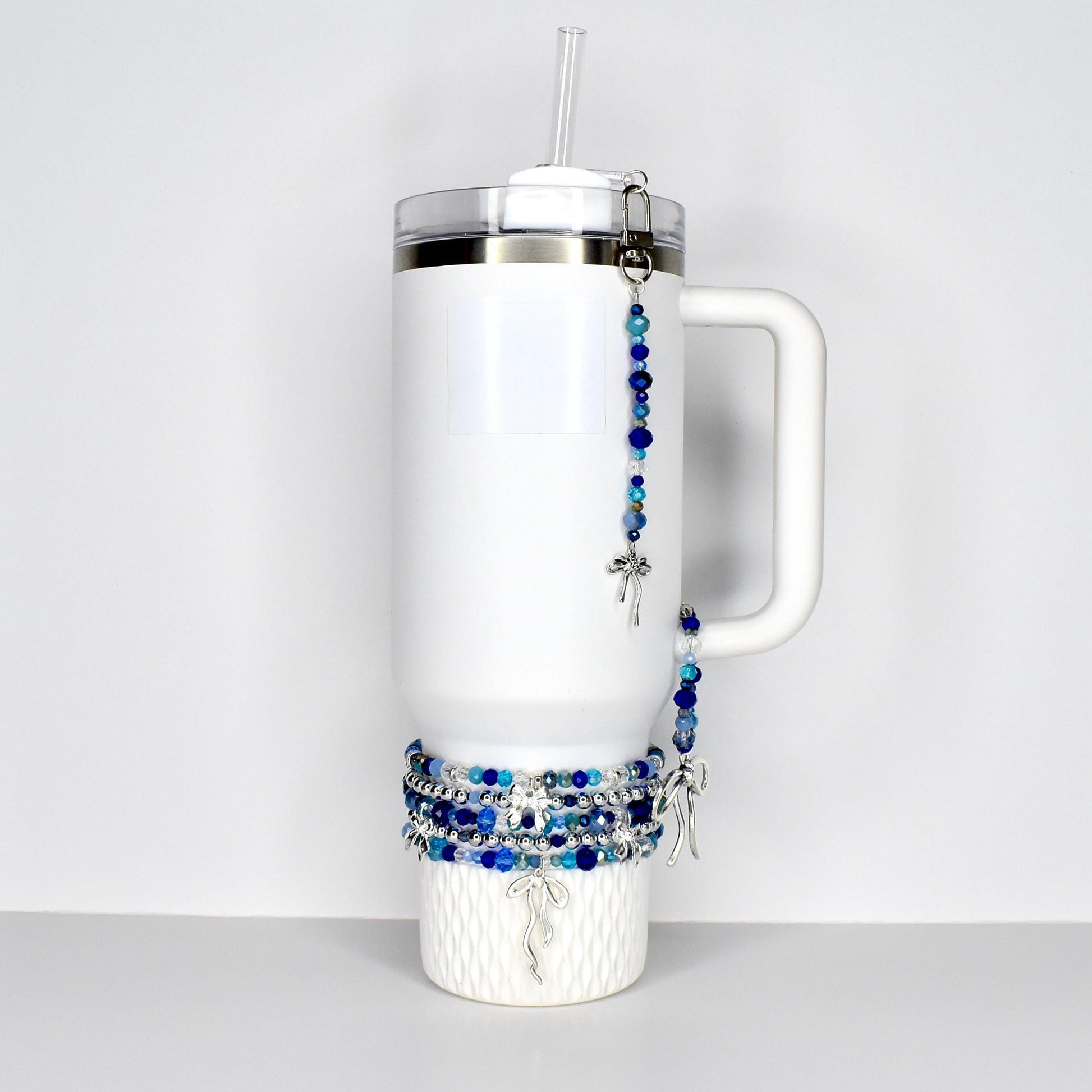 Blue and Crystal Tumbler Straw Charm with Silver Bow