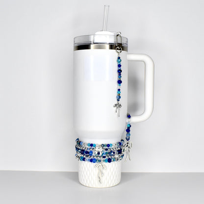 Blue and Crystal Tumbler Straw Charm with Silver Bow