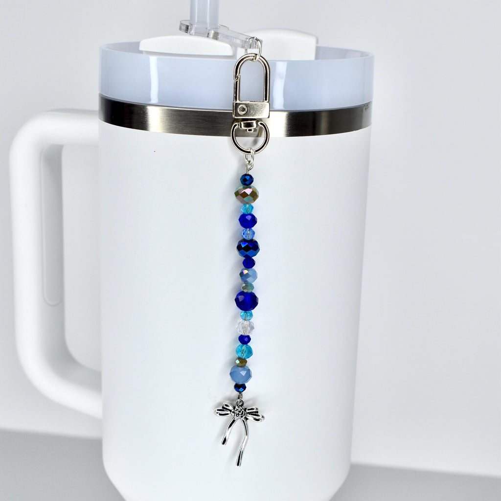 Blue and Crystal Tumbler Straw Charm with Silver Bow