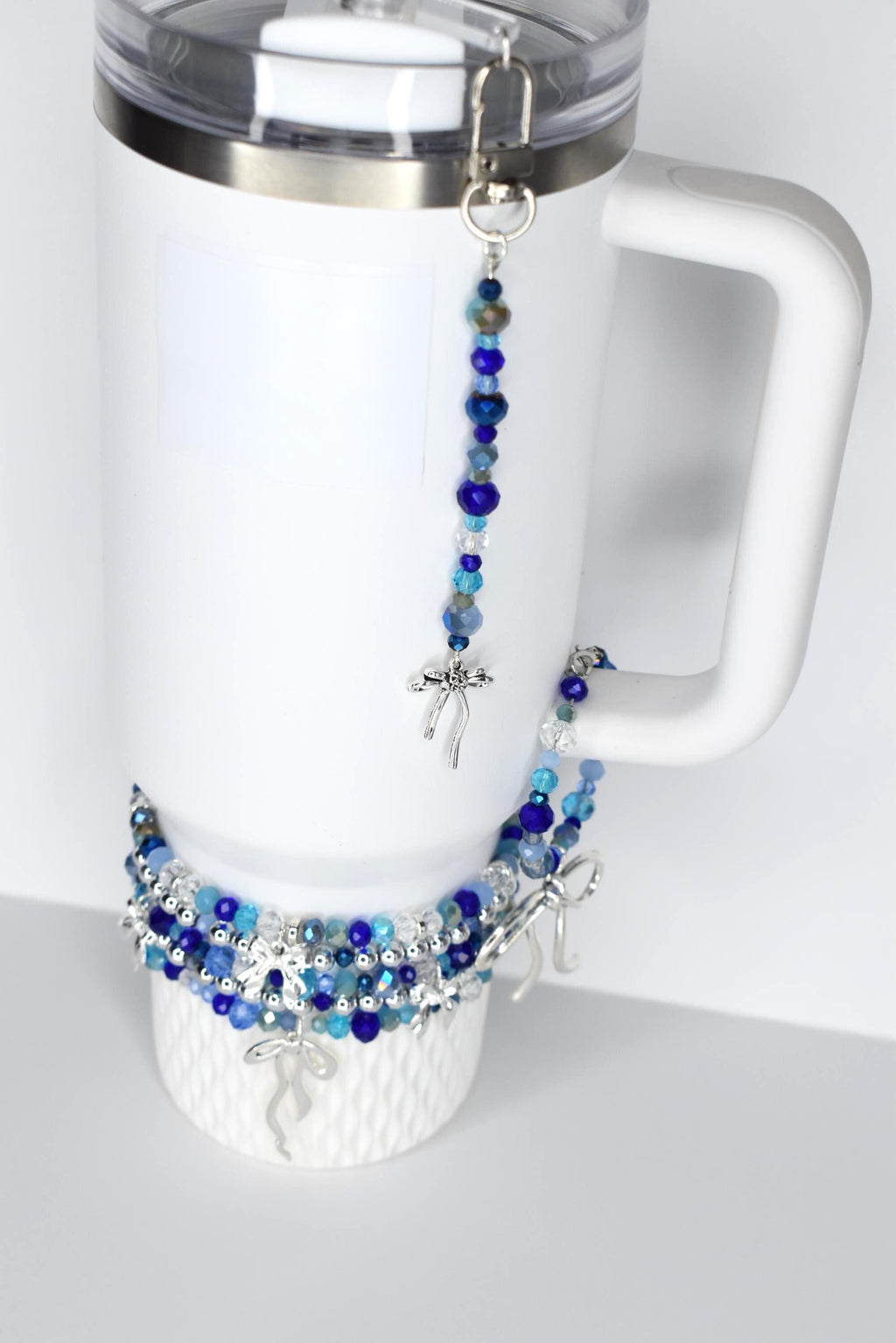 Blue and Crystal Tumbler Straw Charm with Silver Bow