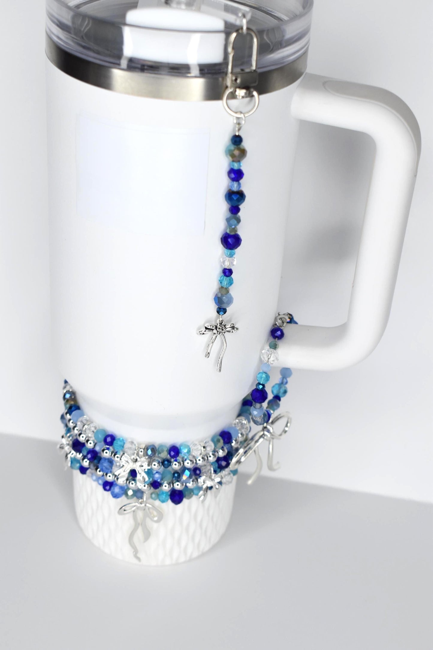 Blue and Crystal Tumbler Straw Charm with Silver Bow