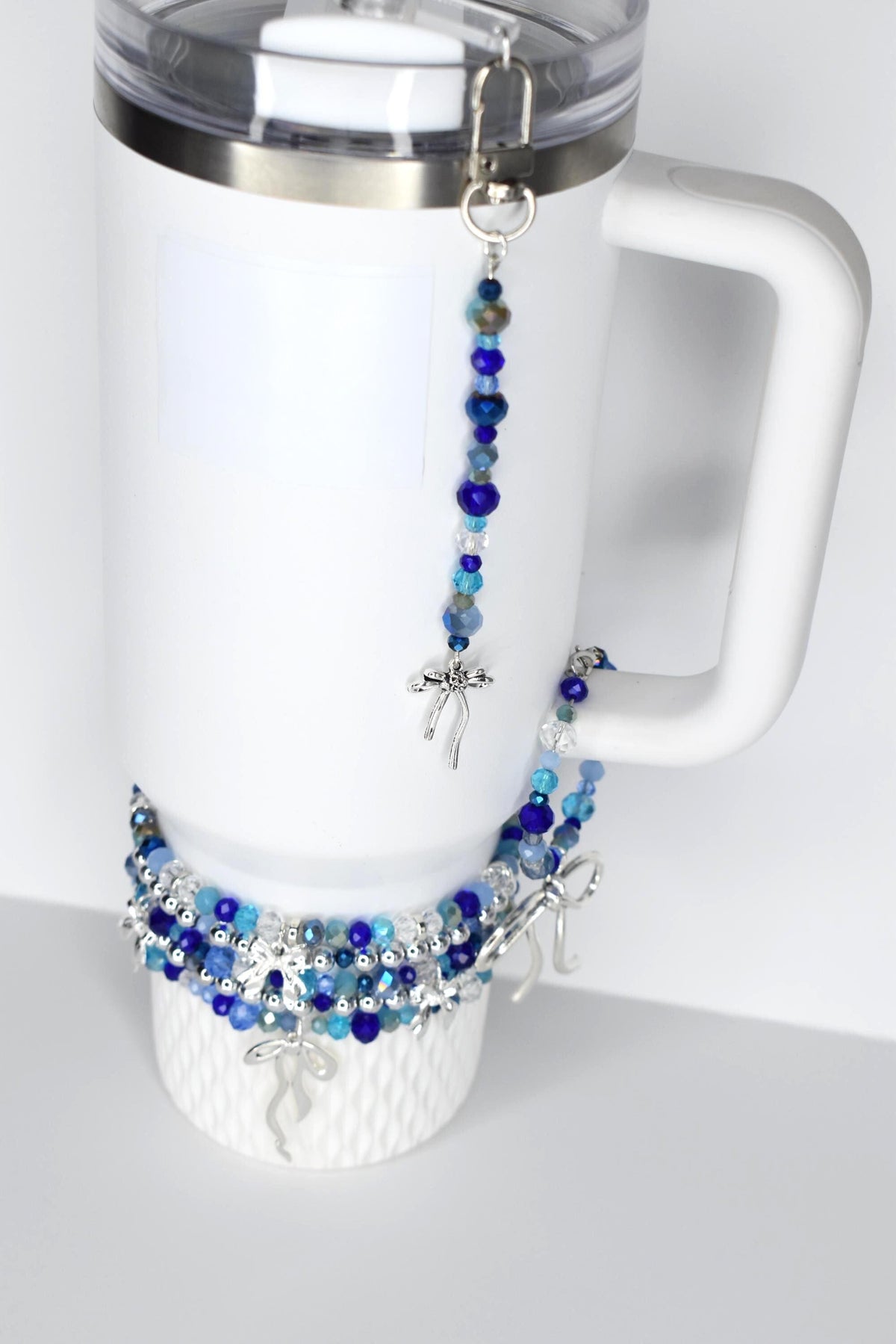 Blue and Crystal Tumbler Straw Charm with Silver Bow