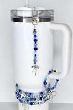 Blue and Crystal Tumbler Straw Charm with Silver Bow