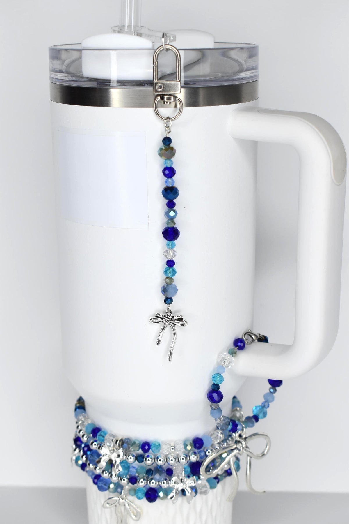 Blue and Crystal Tumbler Straw Charm with Silver Bow