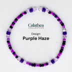 A beaded bracelet in shades of purple, black, and clear. The bracelet features a variety of bead shapes and sizes, including small round beads and larger square beads. The text "Calathea Collective" and "Design: Purple Haze" are visible.