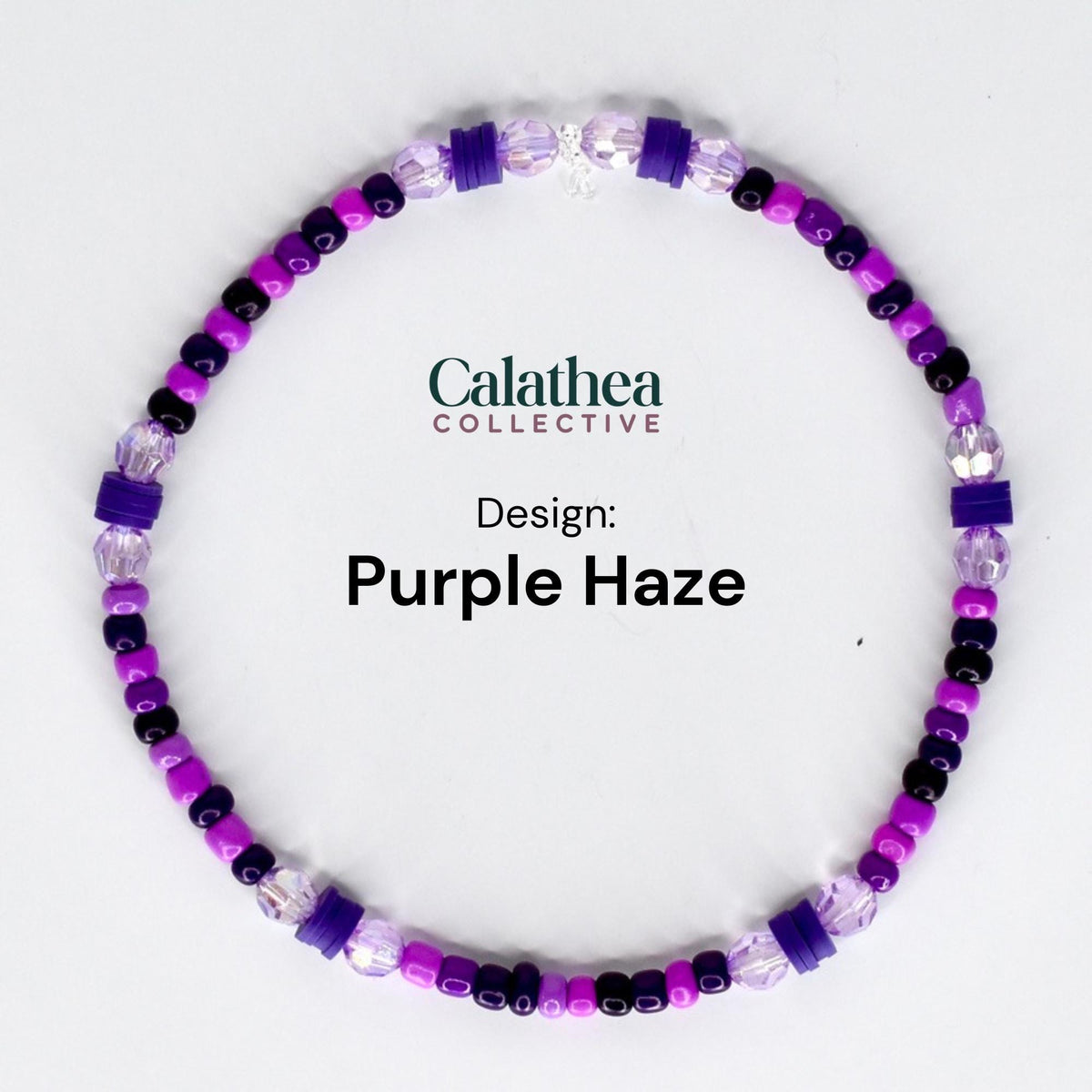 A beaded bracelet in shades of purple, black, and clear. The bracelet features a variety of bead shapes and sizes, including small round beads and larger square beads. The text "Calathea Collective" and "Design: Purple Haze" are visible.