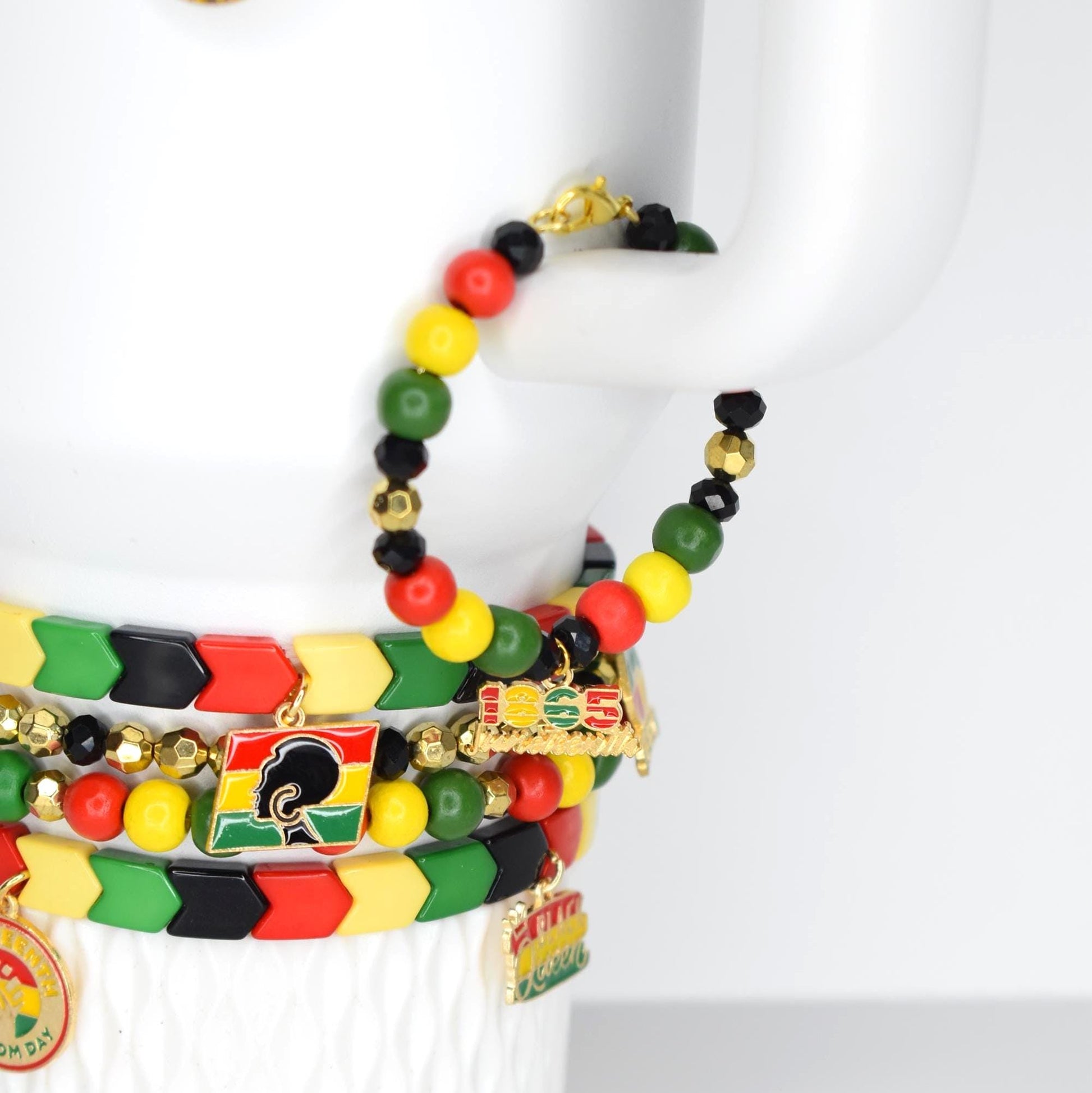 Juneteenth Tumbler Handle Bracelet | Red, Black, Green & Gold Beads