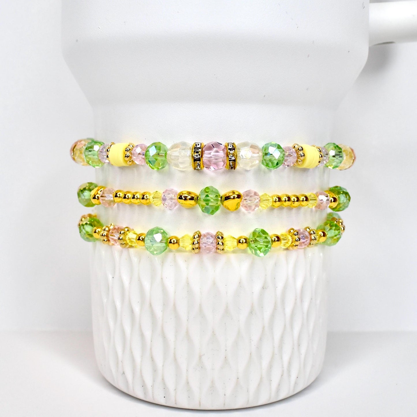 Spring Blossom Bracelet Collection: Pink Yellow Green and Gold Beaded Bracelets with Crystal Accents