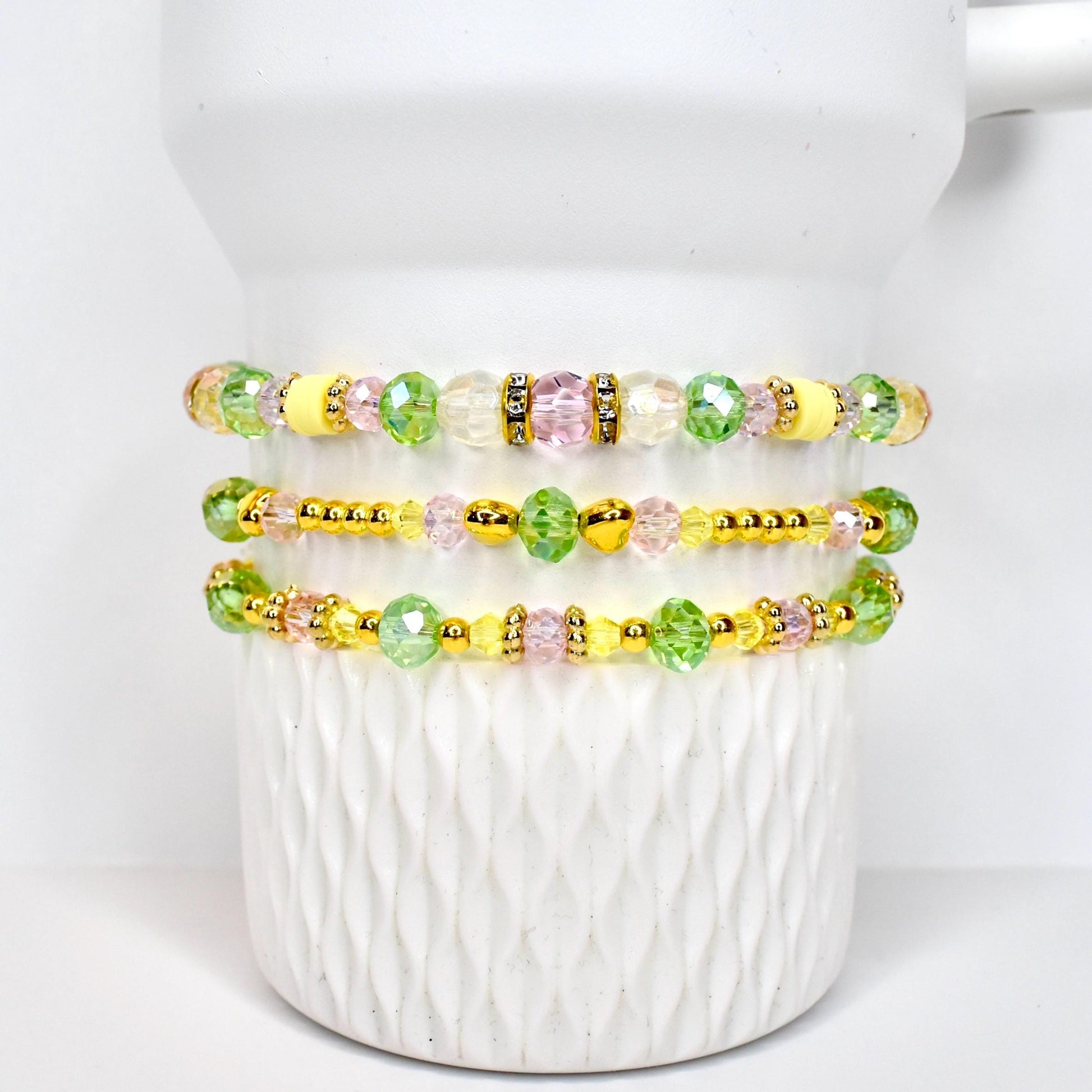 Spring Blossom Bracelet Collection: Pink Yellow Green and Gold Beaded Bracelets with Crystal Accents