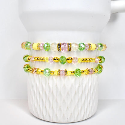 Spring Blossom Bracelet Collection: Pink Yellow Green and Gold Beaded Bracelets with Crystal Accents