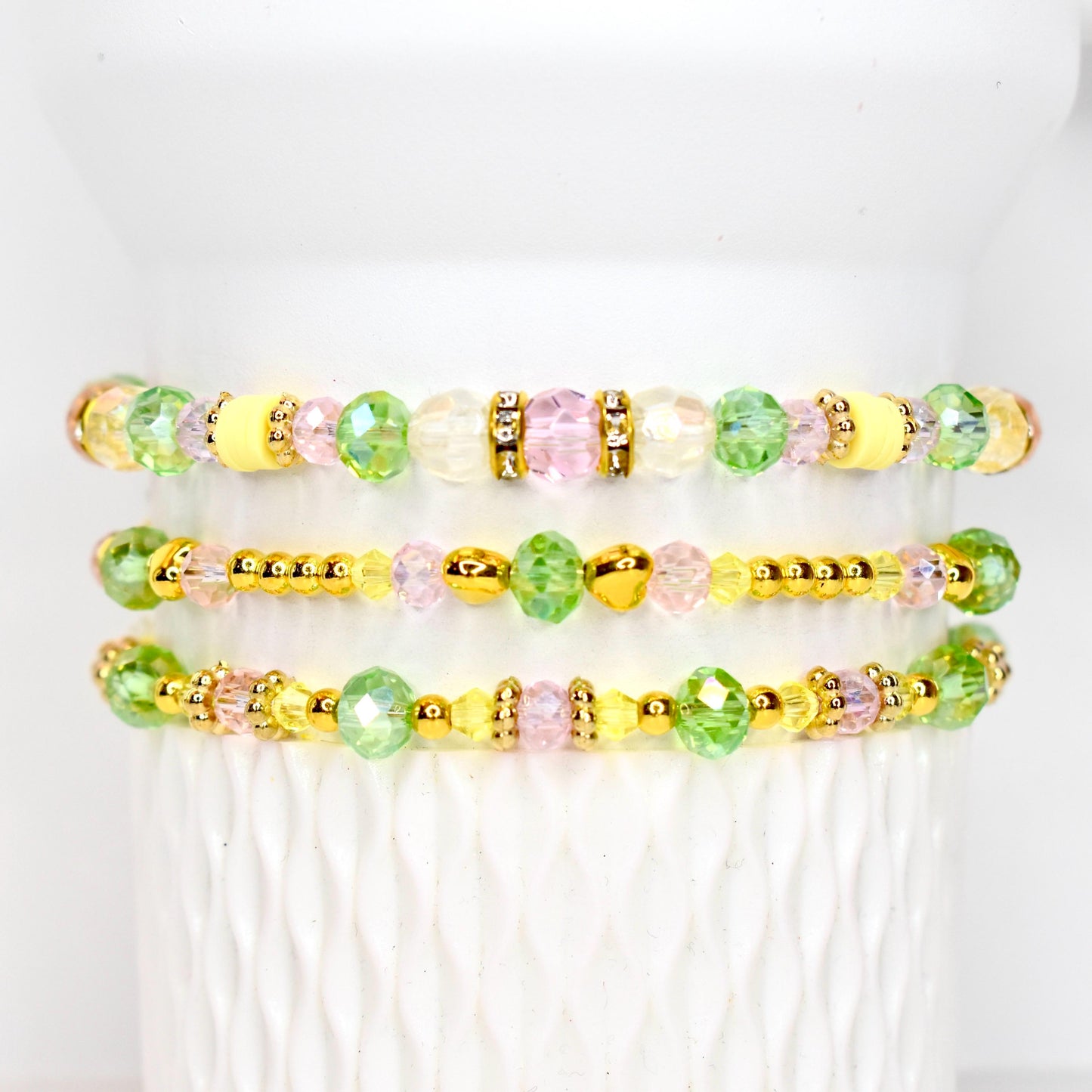 Spring Blossom Bracelet Collection: Pink Yellow Green and Gold Beaded Bracelets with Crystal Accents