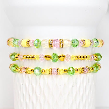 Spring Blossom Bracelet Collection: Pink Yellow Green and Gold Beaded Bracelets with Crystal Accents