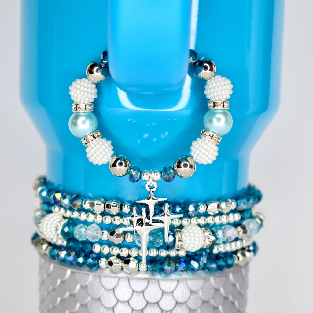 Turquoise Tumbler Handle Charm Bracelet with Silver Sparkling Accent Beads