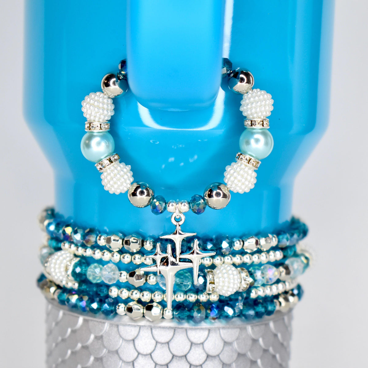 Turquoise Tumbler Handle Charm Bracelet with Silver Sparkling Accent Beads