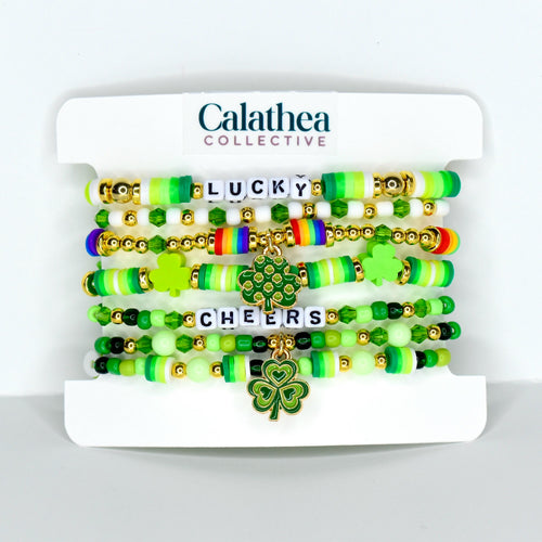 St. Patrick's Day Bracelet Collection: Green and Gold Beaded Bracelets with Shamrock Bead Accents