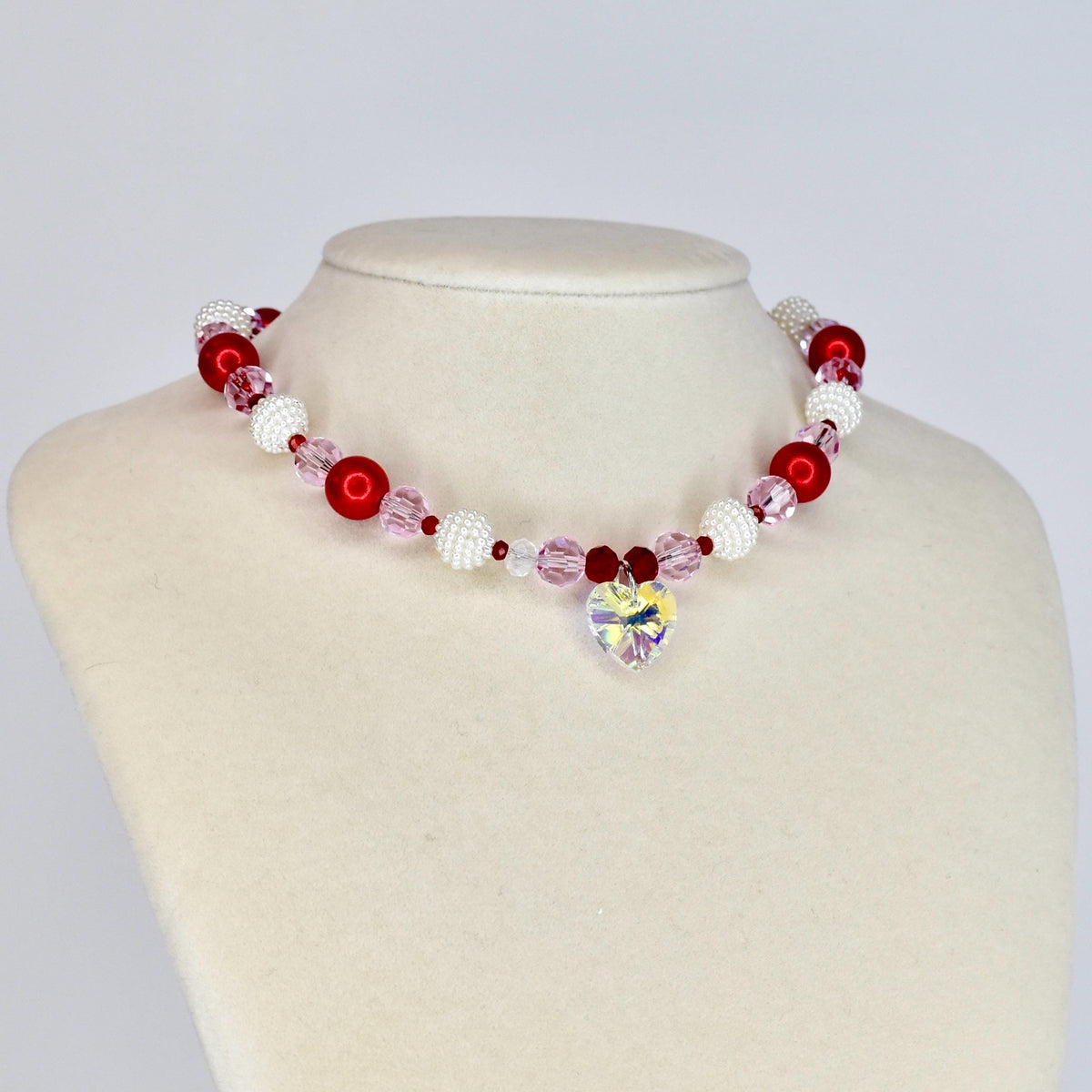 Crystal Heart Necklace | Red Pink Beaded Necklace | Kids & Adult Sizes