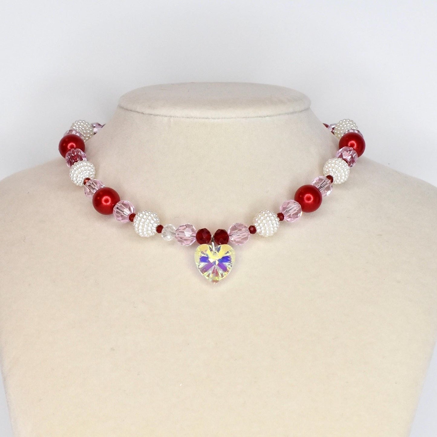 Crystal Heart Necklace | Red Pink Beaded Necklace | Kids & Adult Sizes