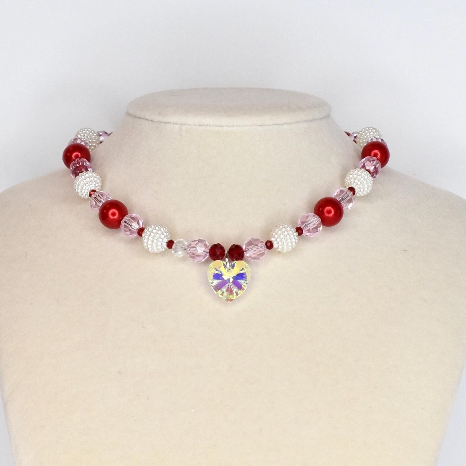 Crystal Heart Necklace | Red Pink Beaded Necklace | Kids & Adult Sizes