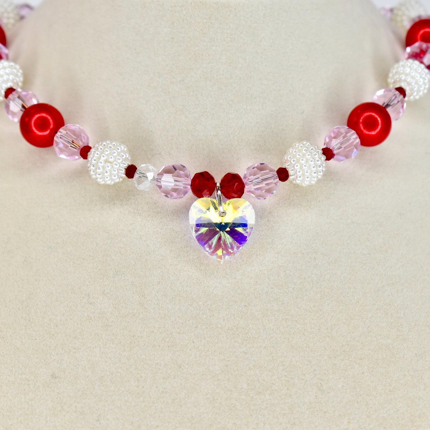 Crystal Heart Necklace | Red Pink Beaded Necklace | Kids & Adult Sizes