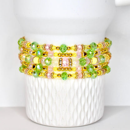 Spring Blossom Bracelet Collection: Pink Yellow Green and Gold Beaded Bracelets with Crystal Accents