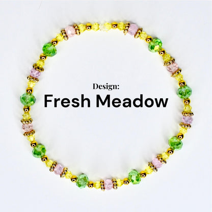 Spring Blossom Bracelet Collection: Pink Yellow Green and Gold Beaded Bracelets with Crystal Accents