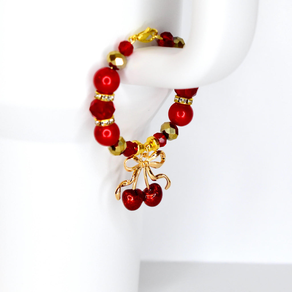 Red Gold Cherry Bow Charm Tumbler Handle Bracelet | Coquette Beaded Tumbler Accessory