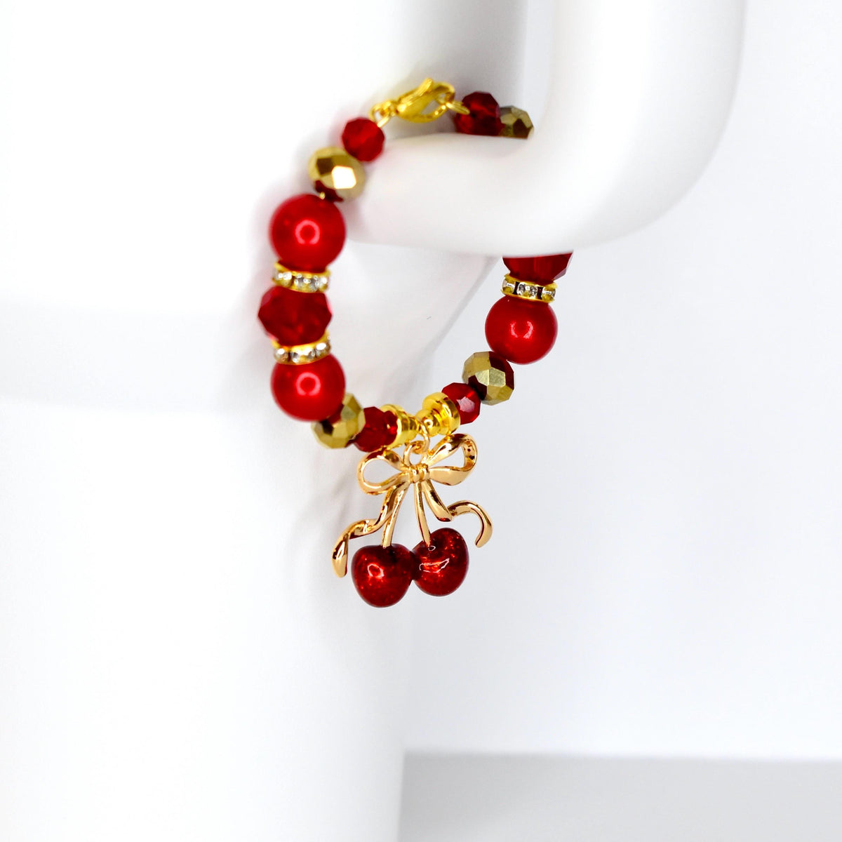 Red Gold Cherry Bow Charm Tumbler Handle Bracelet | Coquette Beaded Tumbler Accessory