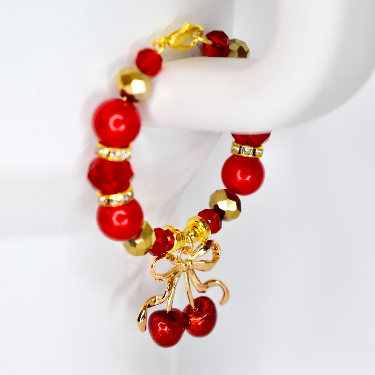 Red Gold Cherry Bow Charm Tumbler Handle Bracelet | Coquette Beaded Tumbler Accessory