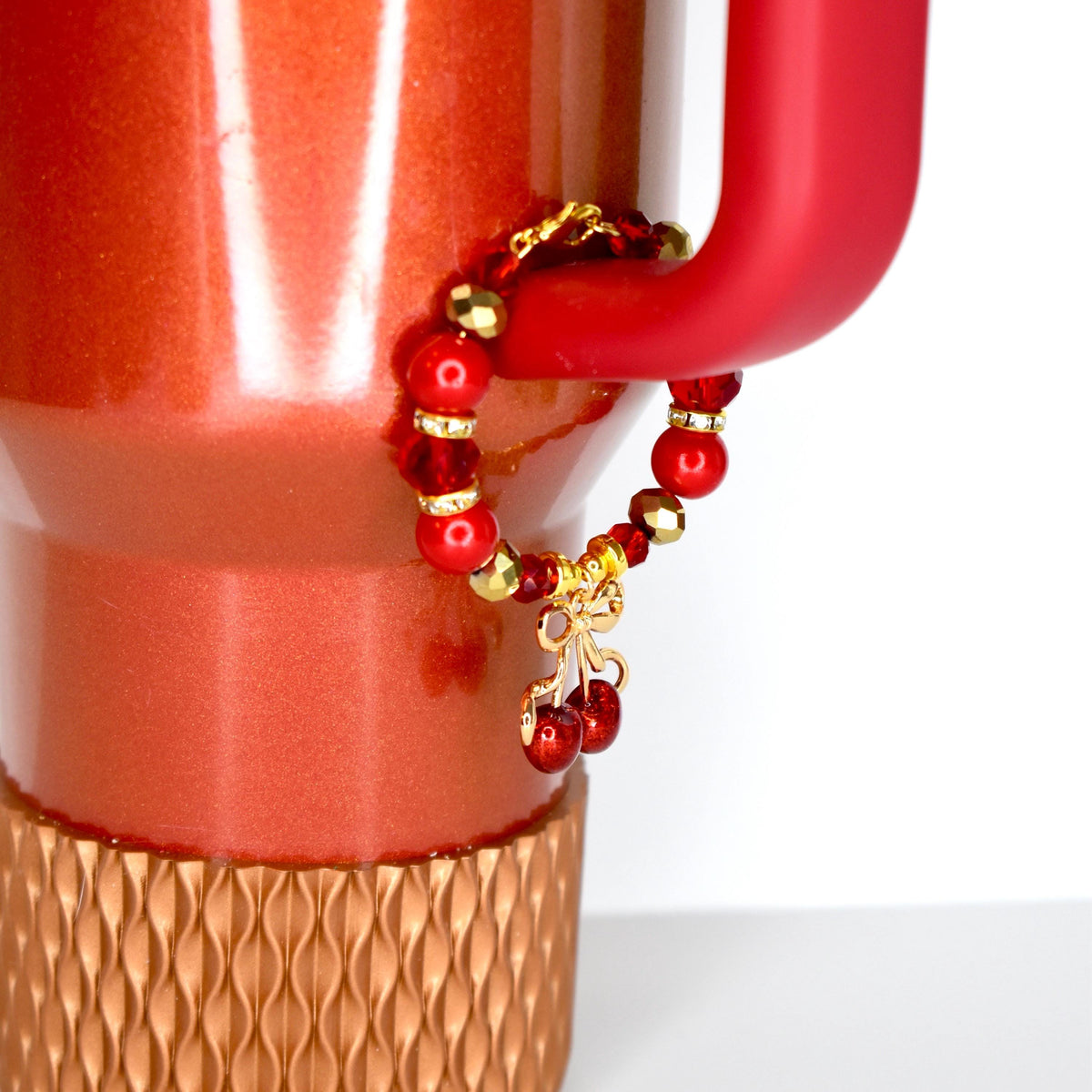 Red Gold Cherry Bow Charm Tumbler Handle Bracelet | Coquette Beaded Tumbler Accessory